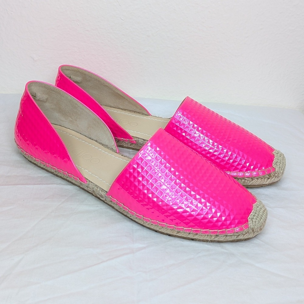 Jimmy Choo Neon Pink Embossed Patent Leather Espadrille Flats 40.5 Made in Italy